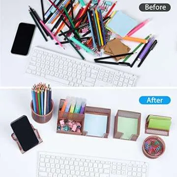 Pen Holder for Desk, 6 Pieces Mesh Desk Organizer set 3 Compartments pens holder, Mail Organizer Letter Holder Home Office Supplies Caddy Storage Baskets for Desktop Accessories(6 Pack, Rose Gold)