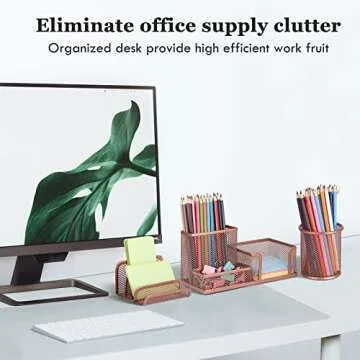 Pen Holder for Desk, 6 Pieces Mesh Desk Organizer set 3 Compartments pens holder, Mail Organizer Letter Holder Home Office Supplies Caddy Storage Baskets for Desktop Accessories(6 Pack, Rose Gold)