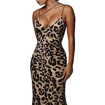 PRIMODA Women's Sexy Neon Asymmetrical Spaghetti Strap Dress Deep V-Neck Sleeveless Bodycon Midi Clu...