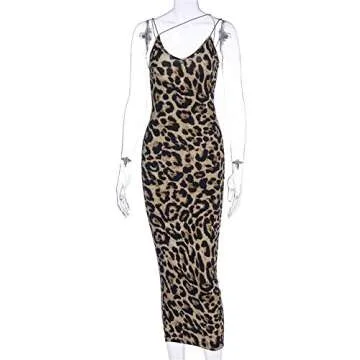PRIMODA Women's Sexy Neon Asymmetrical Spaghetti Strap Dress Deep V-Neck Sleeveless Bodycon Midi Club Dress (Leopard S)