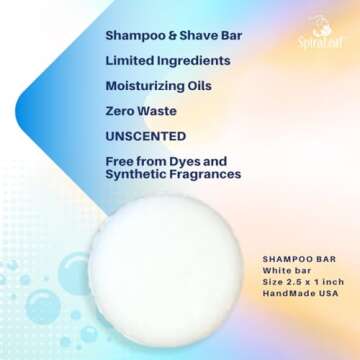 Spiraleaf Whiff Shampoo and Shave Bar UNSCENTED Limited Ingredients, No Scents or Colorings, Made USA, Concentrated Formula