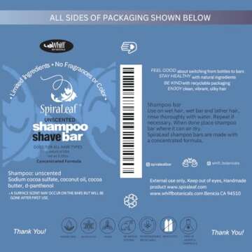 Spiraleaf Whiff Shampoo and Shave Bar UNSCENTED Limited Ingredients, No Scents or Colorings, Made USA, Concentrated Formula
