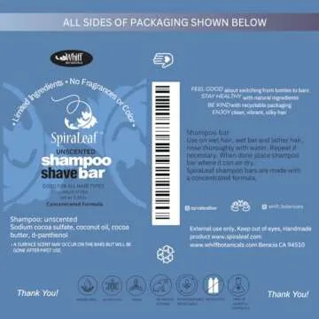 Spiraleaf Whiff Shampoo and Shave Bar UNSCENTED Limited Ingredients, No Scents or Colorings, Made USA, Concentrated Formula