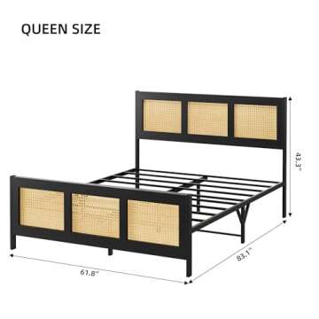 GAOMON Queen Size Bed Frame with Rattan Headboard and Footboard, Black Rattan Platform Bed Frame, Ma...