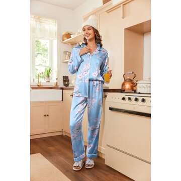 Ekouaer Women's Classic Button Down Long Satin Silk Pajama Set,Large,Blue Floral