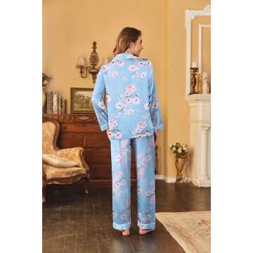 Ekouaer Women's Classic Button Down Long Satin Silk Pajama Set,Large,Blue Floral