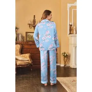 Ekouaer Women's Classic Button Down Long Satin Silk Pajama Set,Large,Blue Floral