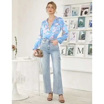 Ekouaer Women's Classic Button Down Long Satin Silk Pajama Set,Large,Blue Floral