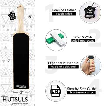 Hutsuls Leather Strop for Knife Sharpening - Get Razor-Sharp Edges with 3" x 9" Double Sided Paddle ...