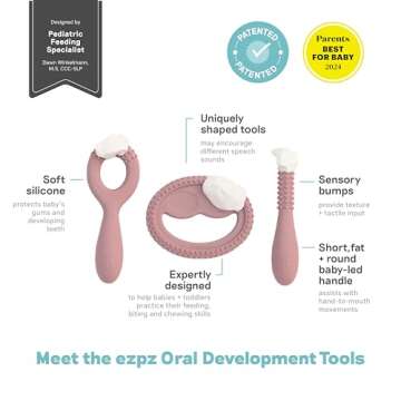 ezpz Oral Development Tools - 3 Months+ (3 Pack in Blush) - Non-Slip Loop, Smile and Stick, 100% Sil...
