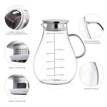Glass Pitcher with Lid,88 Ounces -2500ml with Precise Scale Line, Hot/Cold Water Jug, Juice and Iced Tea Beverage Carafe with Lid