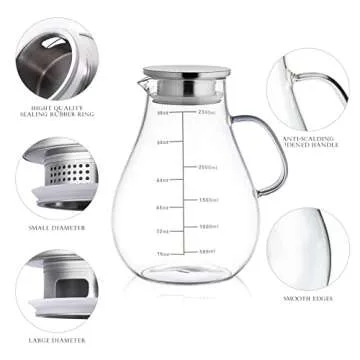 Glass Pitcher with Lid,88 Ounces -2500ml with Precise Scale Line, Hot/Cold Water Jug, Juice and Iced Tea Beverage Carafe with Lid