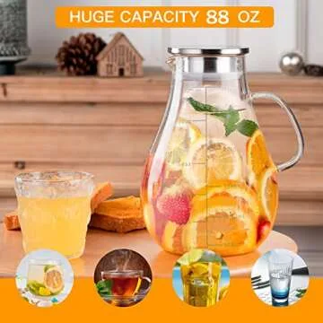 Glass Pitcher with Lid,88 Ounces -2500ml with Precise Scale Line, Hot/Cold Water Jug, Juice and Iced Tea Beverage Carafe with Lid