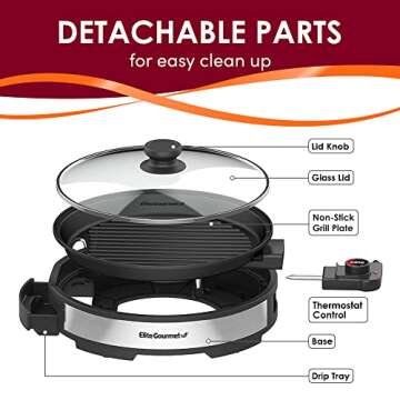 Elite Gourmet EMG6505G Smokeless Indoor Electric BBQ Grill with Glass Lid, Dishwasher Safe, Nonstick