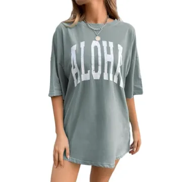 Remidoo Women's Casual Oversized T Shirts Aloha Letters Graphic Tee Lake Green