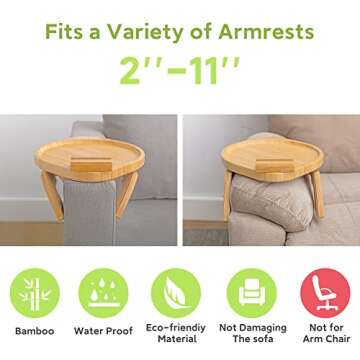 SINWANT Couch Arm Table, Bamboo Round Sofa Clip Tray Table with 360° Rotating Phone Holder,Sofa Arm Tray for Arm Chair Table, Folding Snack Eating Drink Tables