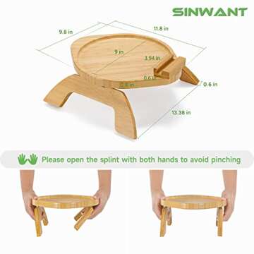 SINWANT Couch Arm Table, Bamboo Round Sofa Clip Tray Table with 360° Rotating Phone Holder,Sofa Arm Tray for Arm Chair Table, Folding Snack Eating Drink Tables