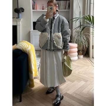 Wyeysyt Women's Cropped Puffer Jacket Winter Gingham Snap Plaid Short Padded Coats with Pockets(Blac...