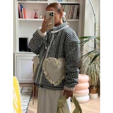 Wyeysyt Women's Cropped Puffer Jacket Winter Gingham Snap Plaid Short Padded Coats with Pockets(Black-M)