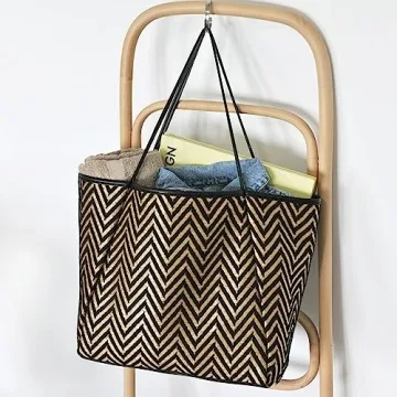 HOXIS Oversized Beach Tote with Vegan Leather Trim Women Shoulder Handbag (Black)