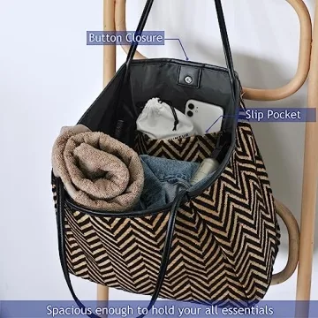 HOXIS Oversized Beach Tote with Vegan Leather Trim Women Shoulder Handbag (Black)