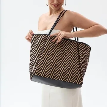 HOXIS Oversized Beach Tote with Vegan Leather Trim Women Shoulder Handbag (Black)