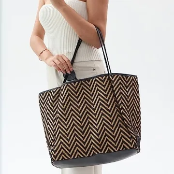 HOXIS Oversized Beach Tote with Vegan Leather Trim Women Shoulder Handbag (Black)