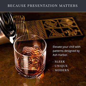 Clear Ice Cube Maker Design Tray - Craft Modern Ice Molds for Bourbon & Cocktails in 5 Seconds - Whiskey Mold Cube Stamp – Bartender Accessories - Copper Ice Press Cocktails by Ash Harbor (Patterns)