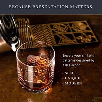 Clear Ice Cube Maker Design Tray - Craft Modern Ice Molds for Bourbon & Cocktails in 5 Seconds - Whiskey Mold Cube Stamp – Bartender Accessories - Copper Ice Press Cocktails by Ash Harbor (Patterns)