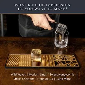 Clear Ice Cube Maker Design Tray - Craft Modern Ice Molds for Bourbon & Cocktails in 5 Seconds - Whiskey Mold Cube Stamp – Bartender Accessories - Copper Ice Press Cocktails by Ash Harbor (Patterns)