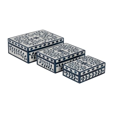 Sagebrook Home Resin and MDF Petals Boxes Set, Chic White and Blue, Perfect for Organizing, Home Dec...