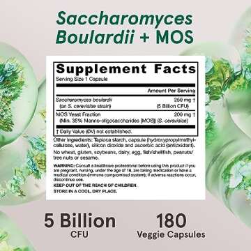 Jarrow Formulas Saccharomyces Boulardii Probiotics + MOS 5 Billion CFU Probiotic Yeast for Intestinal Health Support, Gut Health Supplements for Women and Men, 180 Veggie Capsules, 180 Day Supply