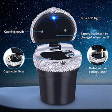 eing Car Ashtray Portable Bling Cigarette Smokeless Cylinder Cup Holder with Blue LED Light Indicator,Car Accessories for Women,Ideal for Car,Home and Office,1 - Pack Black+White