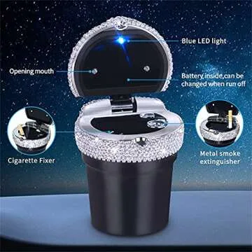eing Car Ashtray Portable Bling Cigarette Smokeless Cylinder Cup Holder with Blue LED Light Indicator,Car Accessories for Women,Ideal for Car,Home and Office,1 - Pack Black+White