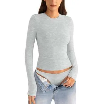 EasyGala Cotton Long Sleeve Shirts Women Crew Neck Slim Fit Basic Going Out Crop Y2k Outfits for Spring Fall Crewneck Tight Tops Fashion Trendy Undershirt Stretchy 2024 Light Grey