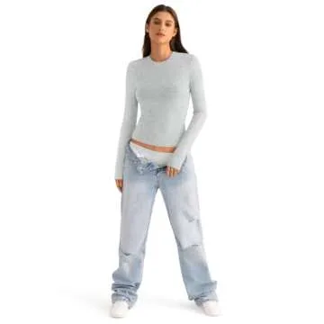 EasyGala Cotton Long Sleeve Shirts Women Crew Neck Slim Fit Basic Going Out Crop Y2k Outfits for Spring Fall Crewneck Tight Tops Fashion Trendy Undershirt Stretchy 2024 Light Grey