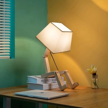 ELINKUME Cute Robot Desk Lamp,Dimmable Bedside Table Lamps,Square Lampshade Night Light with Foldabl...