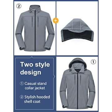 CREATMO US Men's Outdoor Hiking Ski Jacket Waterproof Hooded Multiple Pockets Coats Ski Sport Warm Fleece Windbreaker Light Grey M