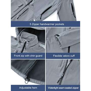 CREATMO US Men's Outdoor Hiking Ski Jacket Waterproof Hooded Multiple Pockets Coats Ski Sport Warm Fleece Windbreaker Light Grey M