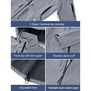 CREATMO US Men's Outdoor Hiking Ski Jacket Waterproof Hooded Multiple Pockets Coats Ski Sport Warm Fleece Windbreaker Light Grey M