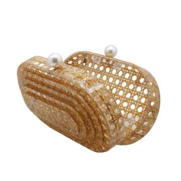PENGZHI Women Acrylic Rattan Clutch Purse Rattan Woven Evening Bag Wedding Party Purse Summer Beach Wicker Shoulder Handbag, Brown
