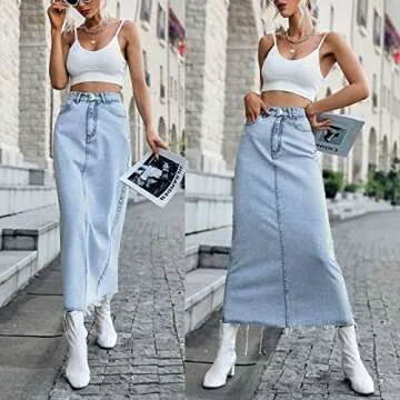 Viatabuna Denim Skirts for Women Midi Length High Waist Frayed Hem A line Long Jean Skirt with Pockets C# Light Blue