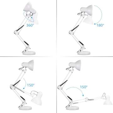 TORCHSTAR Metal Desk Lamp, Swing Arm Desk Lamps, Architect Desk Lamp with Clamp, Adjustable Gooseneck Table Lamp, Clip Desk Lights for Home Office, Work, Study, Reading, E26 Base, Multi-Joint, White
