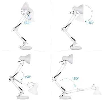 TORCHSTAR Metal Desk Lamp, Swing Arm Desk Lamps, Architect Desk Lamp with Clamp, Adjustable Gooseneck Table Lamp, Clip Desk Lights for Home Office, Work, Study, Reading, E26 Base, Multi-Joint, White