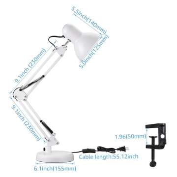 TORCHSTAR Metal Desk Lamp, Swing Arm Desk Lamps, Architect Desk Lamp with Clamp, Adjustable Gooseneck Table Lamp, Clip Desk Lights for Home Office, Work, Study, Reading, E26 Base, Multi-Joint, White