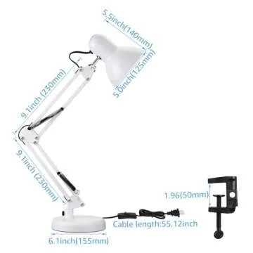 TORCHSTAR Metal Desk Lamp, Swing Arm Desk Lamps, Architect Desk Lamp with Clamp, Adjustable Gooseneck Table Lamp, Clip Desk Lights for Home Office, Work, Study, Reading, E26 Base, Multi-Joint, White