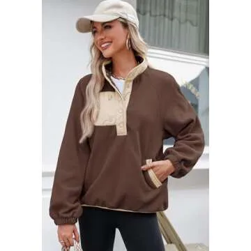 Dokotoo Women's Fashion Hoodies & Sweatshirts Color Block Jackets for Women Button V Neck Long Sleeve Sweatshirt Soft Fuzzy Sherpa Fleece Casual Oversized Pullover Fall Winter Coats Brown Large