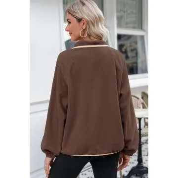 Dokotoo Women's Fashion Hoodies & Sweatshirts Color Block Jackets for Women Button V Neck Long Sleeve Sweatshirt Soft Fuzzy Sherpa Fleece Casual Oversized Pullover Fall Winter Coats Brown Large