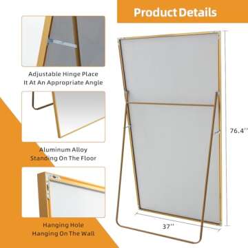 LFT HUIMEI2Y Full Length Mirror, 76.4"x37" Gold Oversized Tempered Floor Mirrors with Stand, Full Body Dressing Mirror Hanging or Leaning with Aluminum Alloy Frame Home Decor for Living Room, Bedroom
