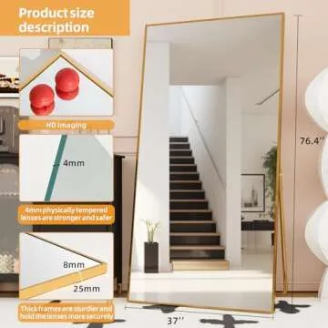 LFT HUIMEI2Y Full Length Mirror, 76.4"x37" Gold Oversized Tempered Floor Mirrors with Stand, Full Body Dressing Mirror Hanging or Leaning with Aluminum Alloy Frame Home Decor for Living Room, Bedroom